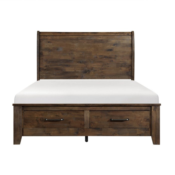 Jerrick Collection Burnished brown finish Queen Sleigh Platform Bed with Footboard Storage