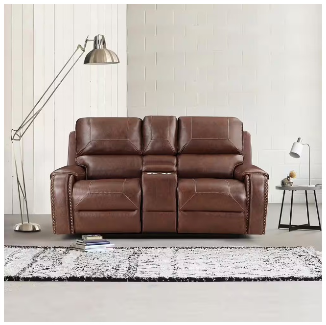 Newnan Collection Brown Double Glider Reclining Love Seat with Center Console, Receptacles and USB Ports