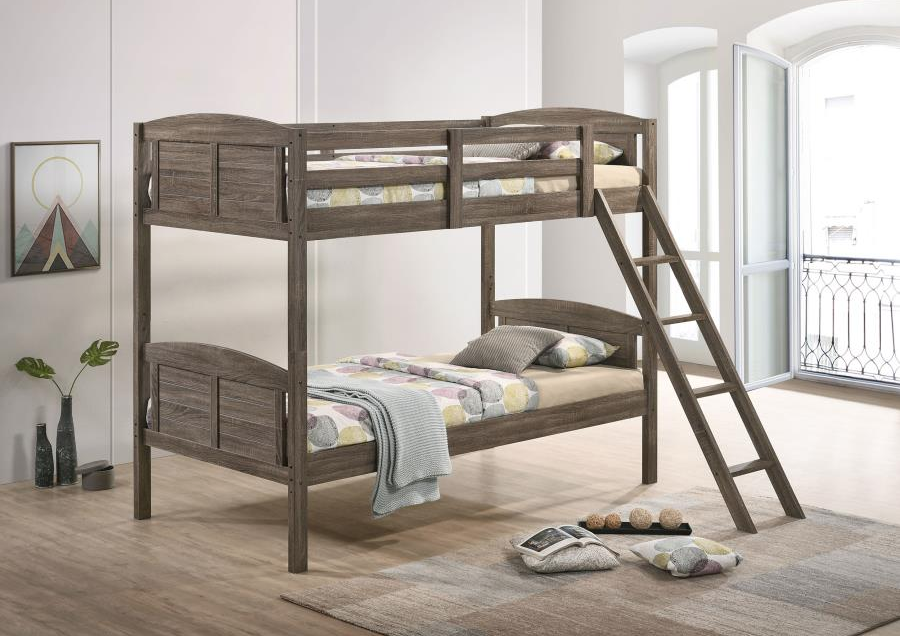 Flynn Wood Twin Over Twin Bunk Bed  Weathered Brown