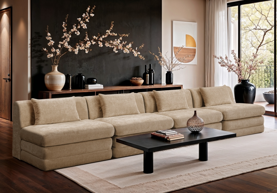 Stellar 152" Beige Chenille Fabric Upholstered 4pc. Modular Sofa