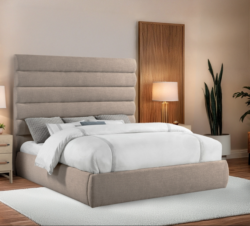Adam Beige Linen Textured Fabric Upholstered King Bed