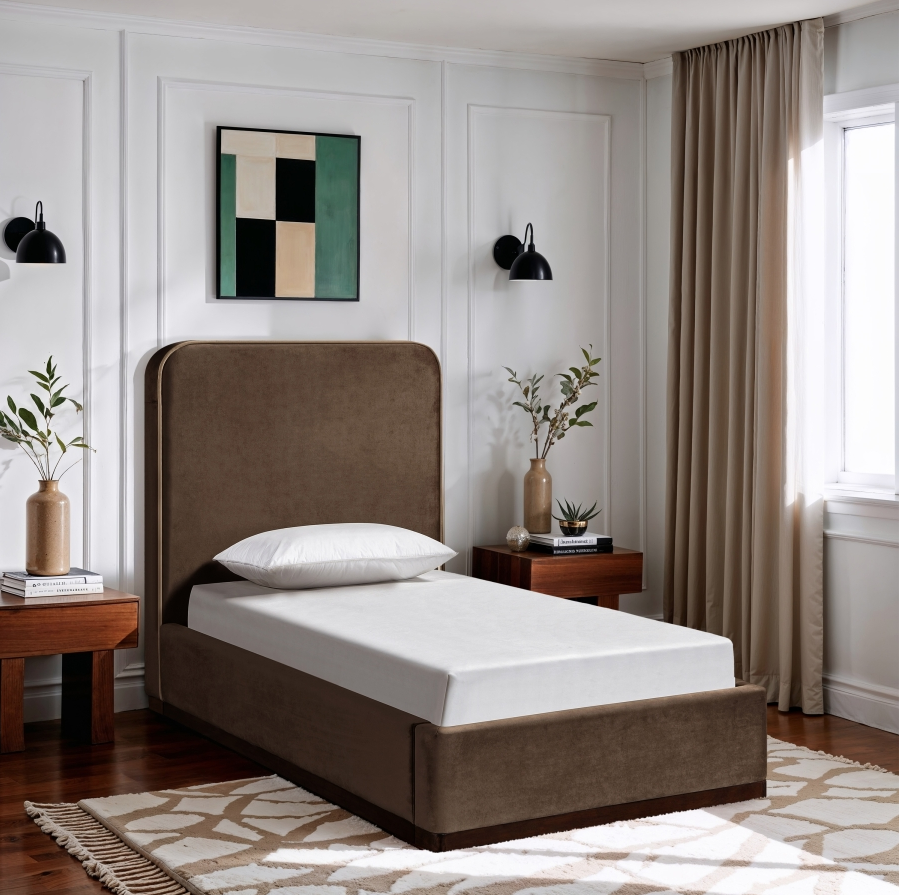 Rava Velvet Upholstered Bed Twin Brown