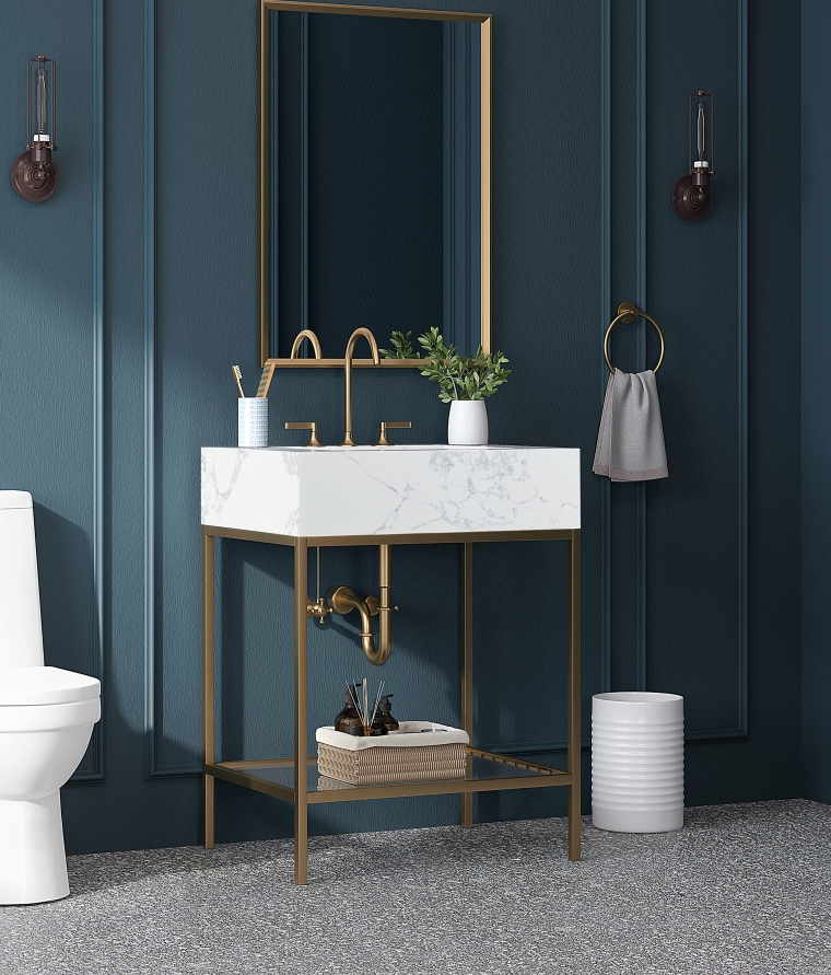 Marmo 24" Engineered Stone Top, Steel And Glass Base Vanity White
