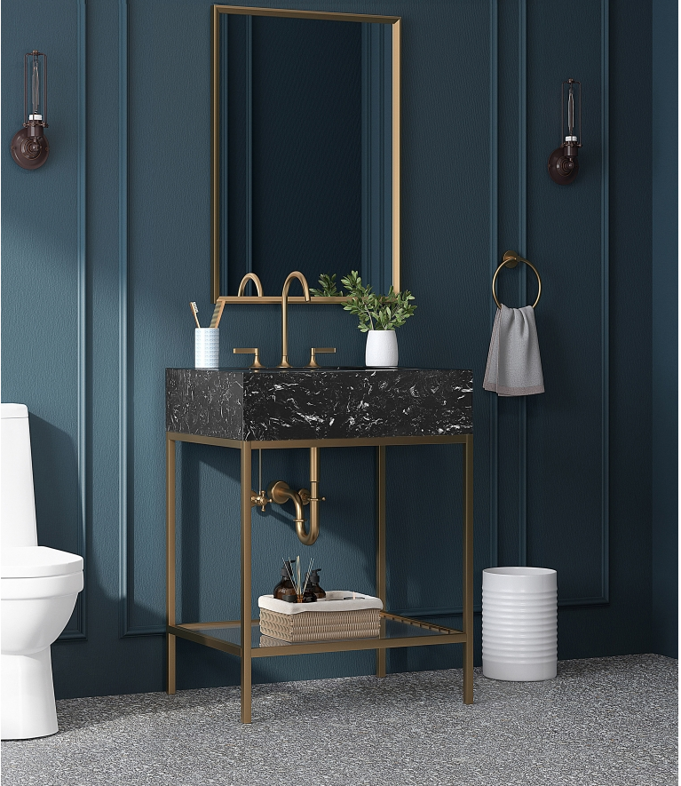 Marmo 24" Engineered Stone Top, Steel And Glass Base Vanity Black