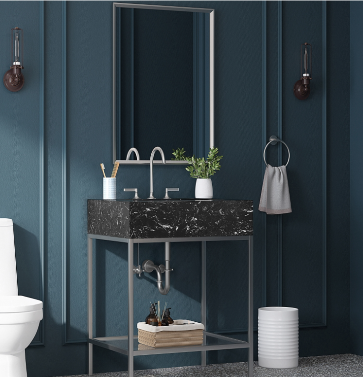 Marmo 24" Engineered Stone Top, Steel And Glass Base Vanity Black