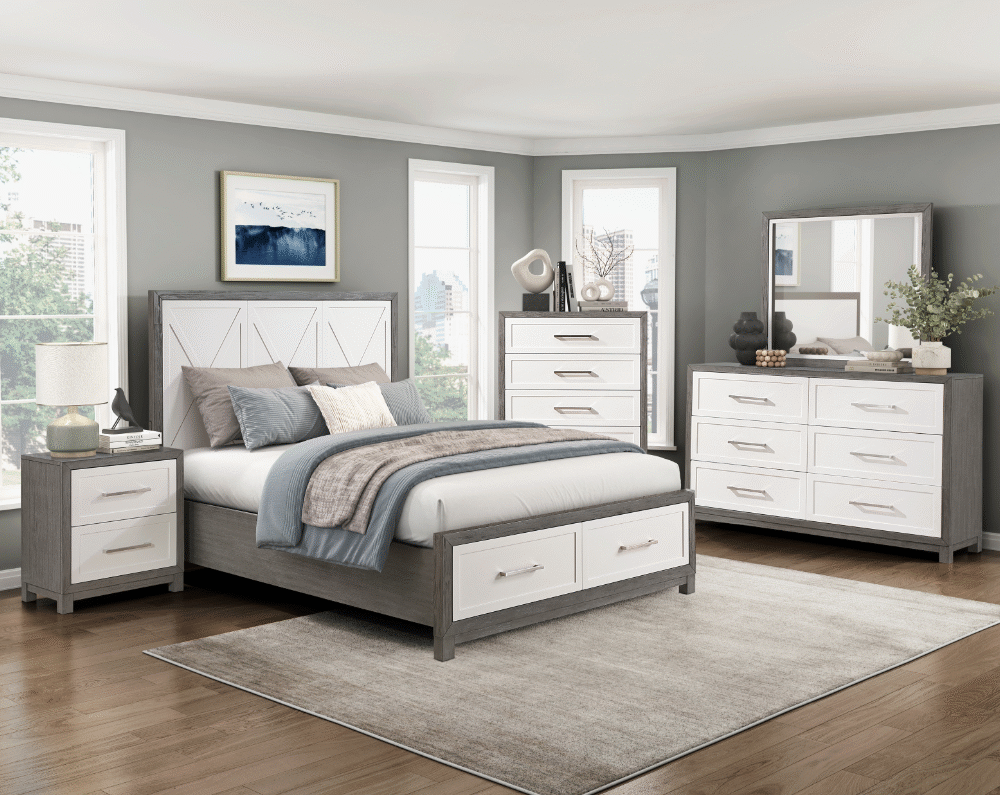 Rowan Collection Queen Platform Bed with Footboard Storage Ivory and gray