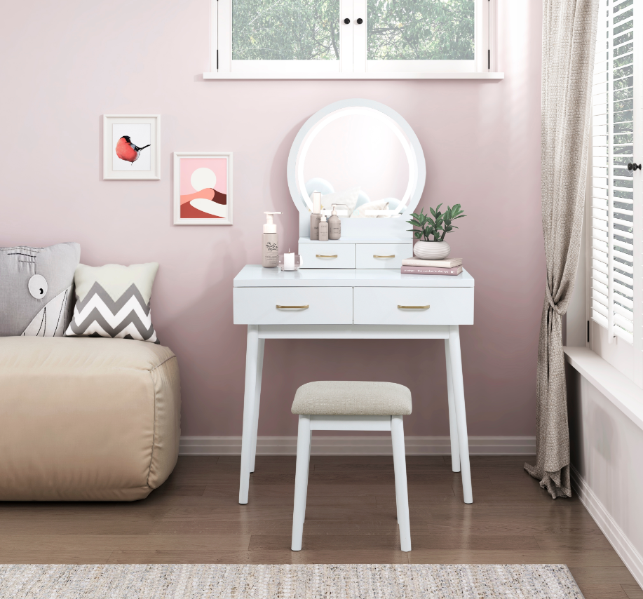Camilla White Vanity Dresser with Mirror and Stool